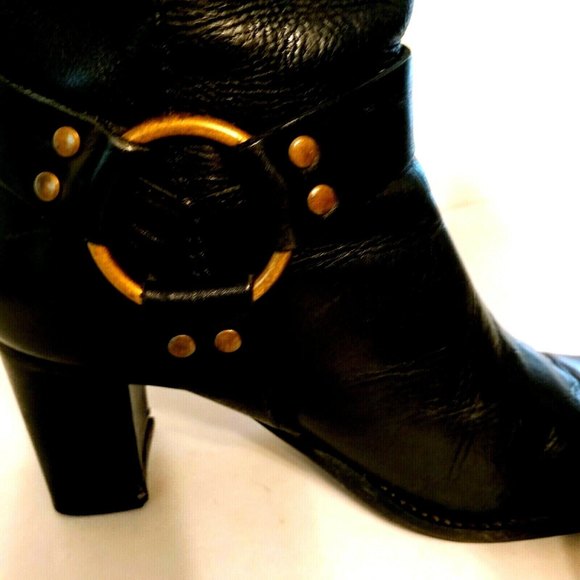 Whats What Harness Biker Boot Women's Black 6.5 Leather Brass Pull On Square Toe - Picture 2 of 12